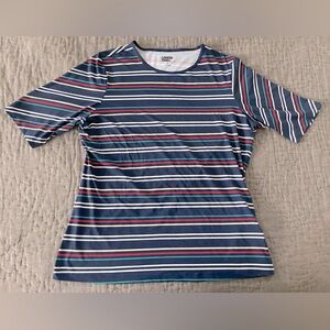 Lands' End Women's Short Sleeve Striped Sun Tee Navy Blue Red UPF 50+ Nylon